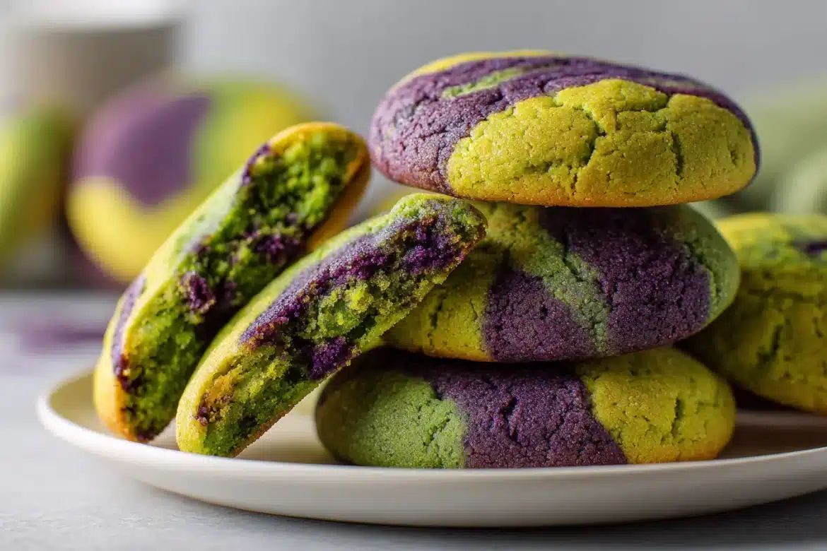 Very close-up of marbled matcha ube cookies with vibrant green and purple swirls on a white plate, one cookie broken open to show the chewy interior.