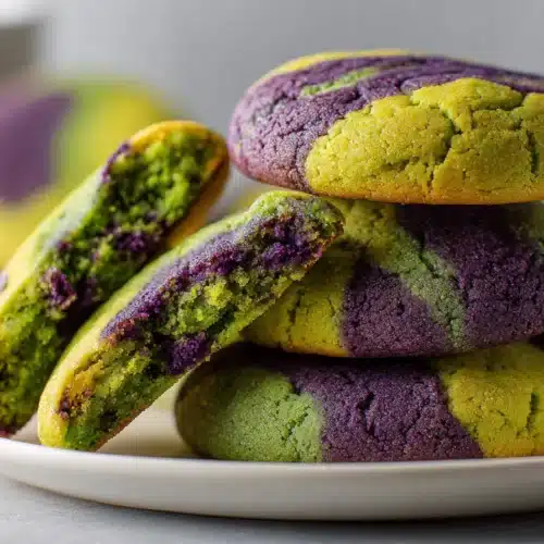 Very close-up of marbled matcha ube cookies with vibrant green and purple swirls on a white plate, one cookie broken open to show the chewy interior.