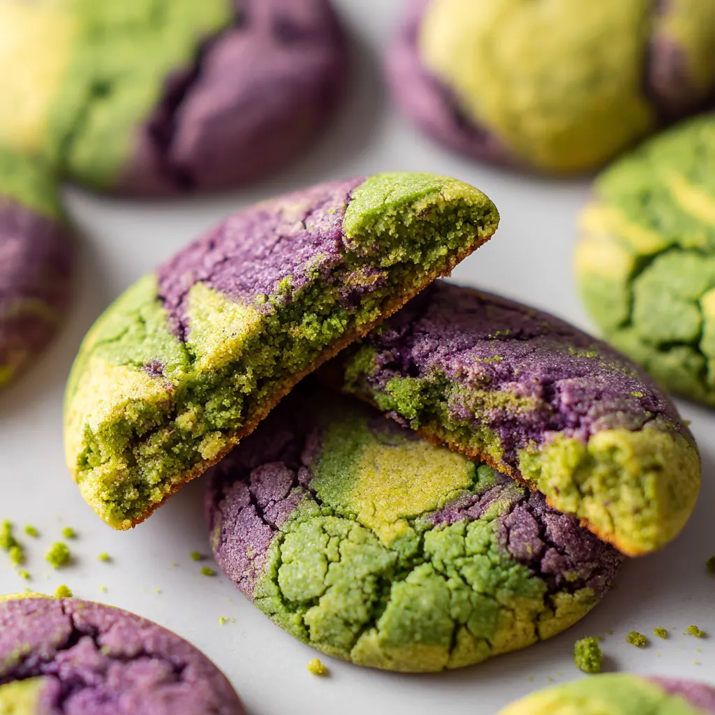 Broken open marbled matcha ube cookie showing chewy inside, surrounded by whole cookies.