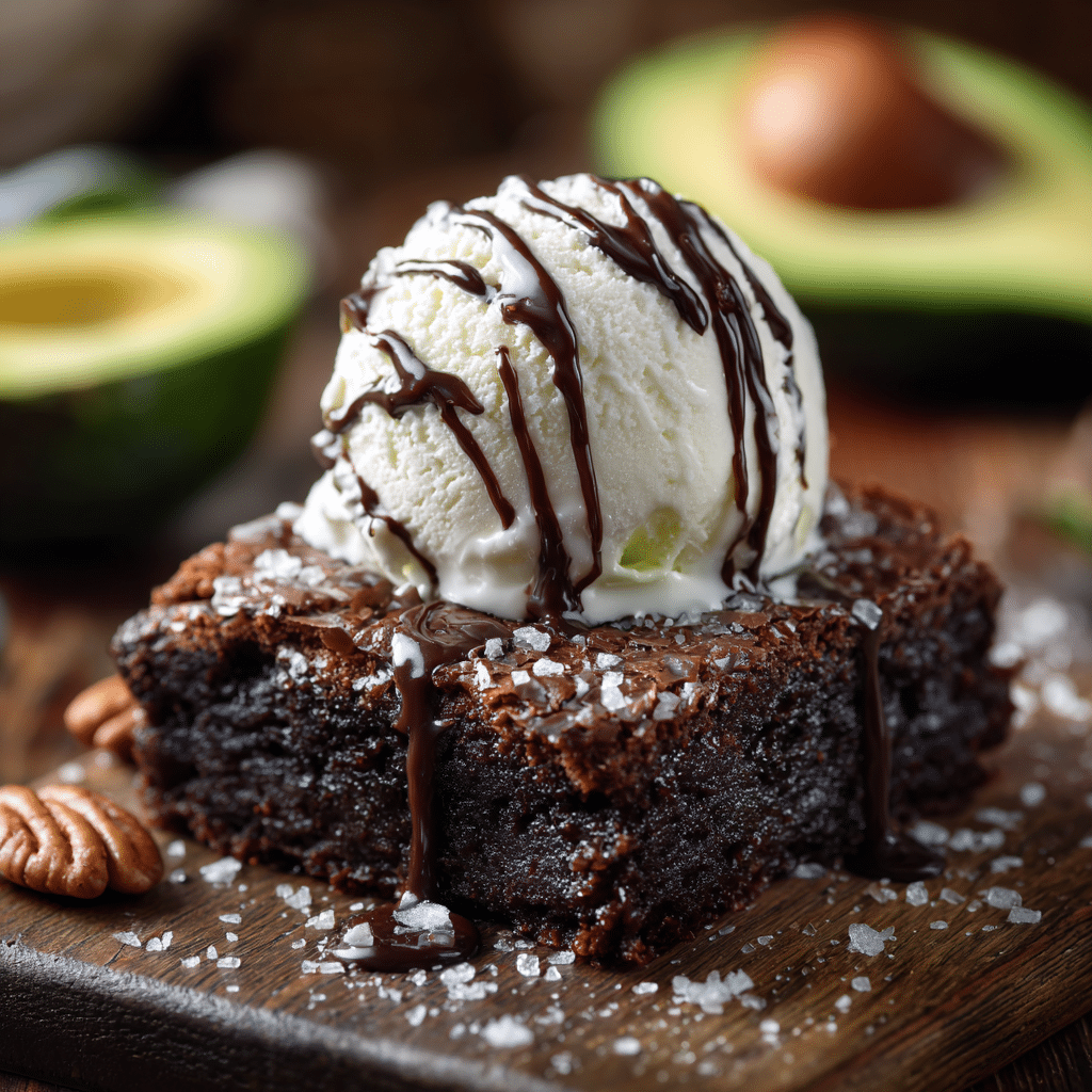 Stack of avocado brownies with a bite out, glossy chocolate top and avocado in background.