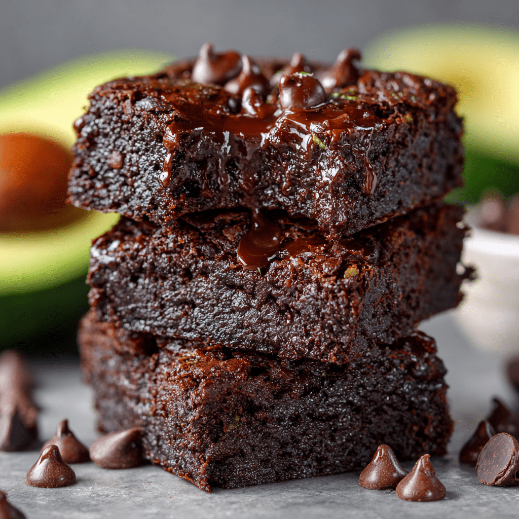 Single avocado brownie square with a bite taken and nut butter drizzle, served on a white plate.