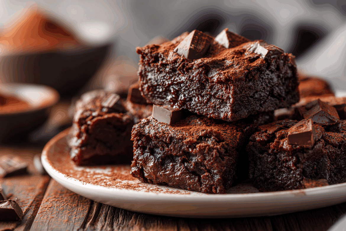 Extra fudgy avocado brownies cut into squares with melted chocolate chunks, styled on a white plate.