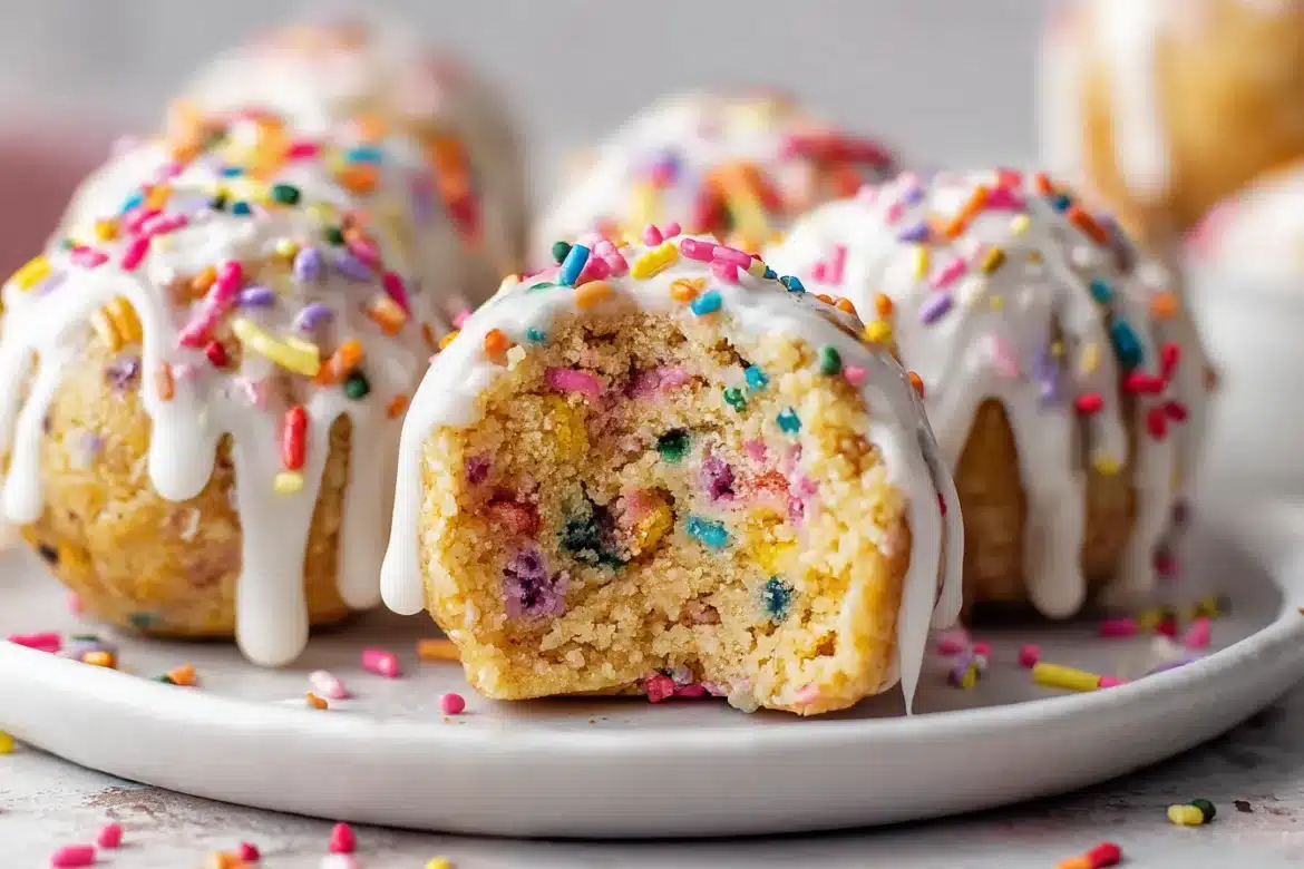 Close-up of chewy birthday cake protein balls with rainbow sprinkles, one cut open to reveal the colorful inside.