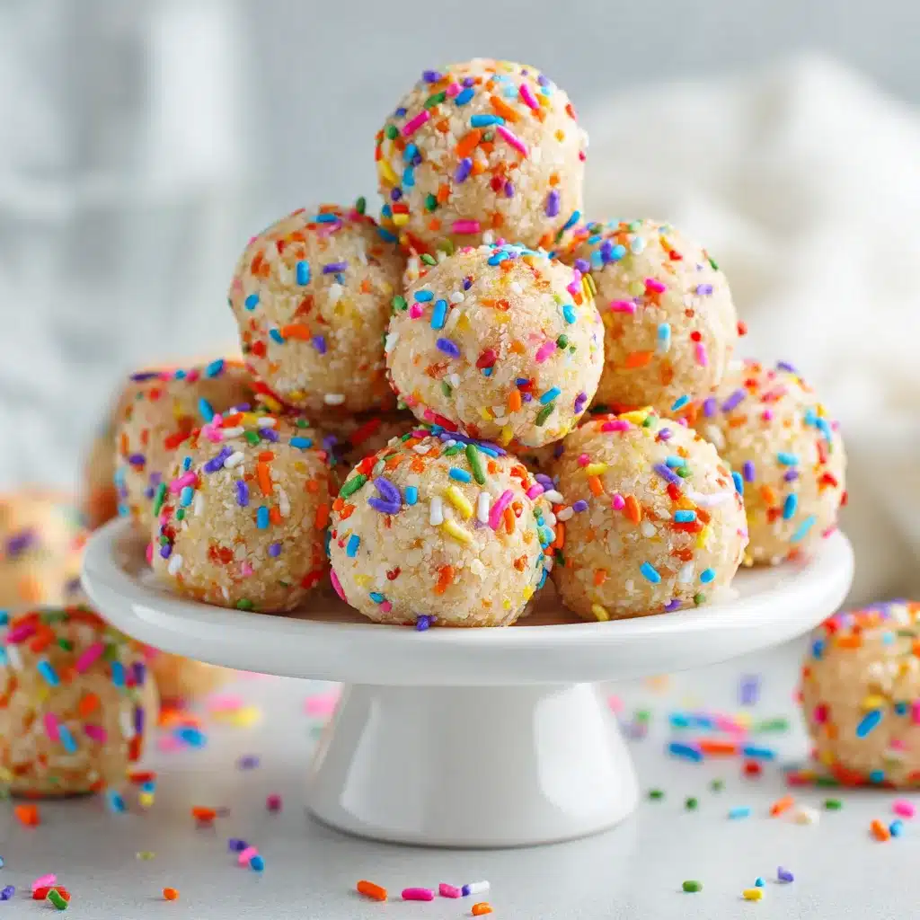 Birthday cake protein balls being rolled in colorful rainbow sprinkles, vibrant and fun.