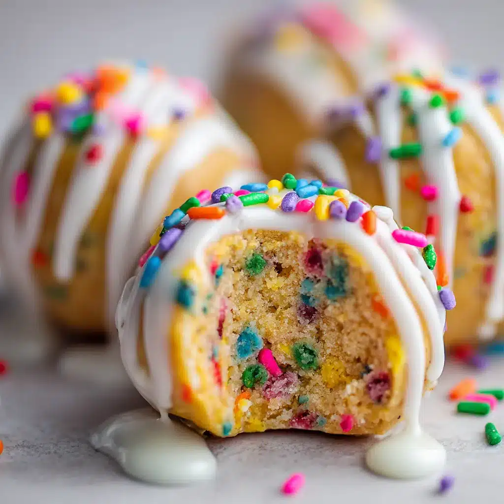 Birthday cake protein balls with a bite taken, showing sprinkles inside and glossy glaze.