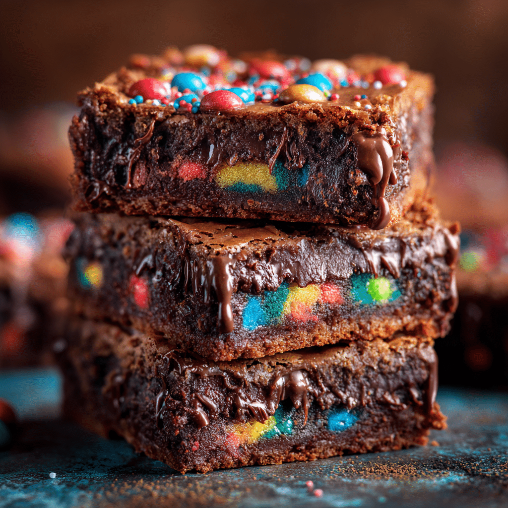 Stack of homemade cosmic brownies with gooey chocolate centers and colorful chips, styled for Pinterest.