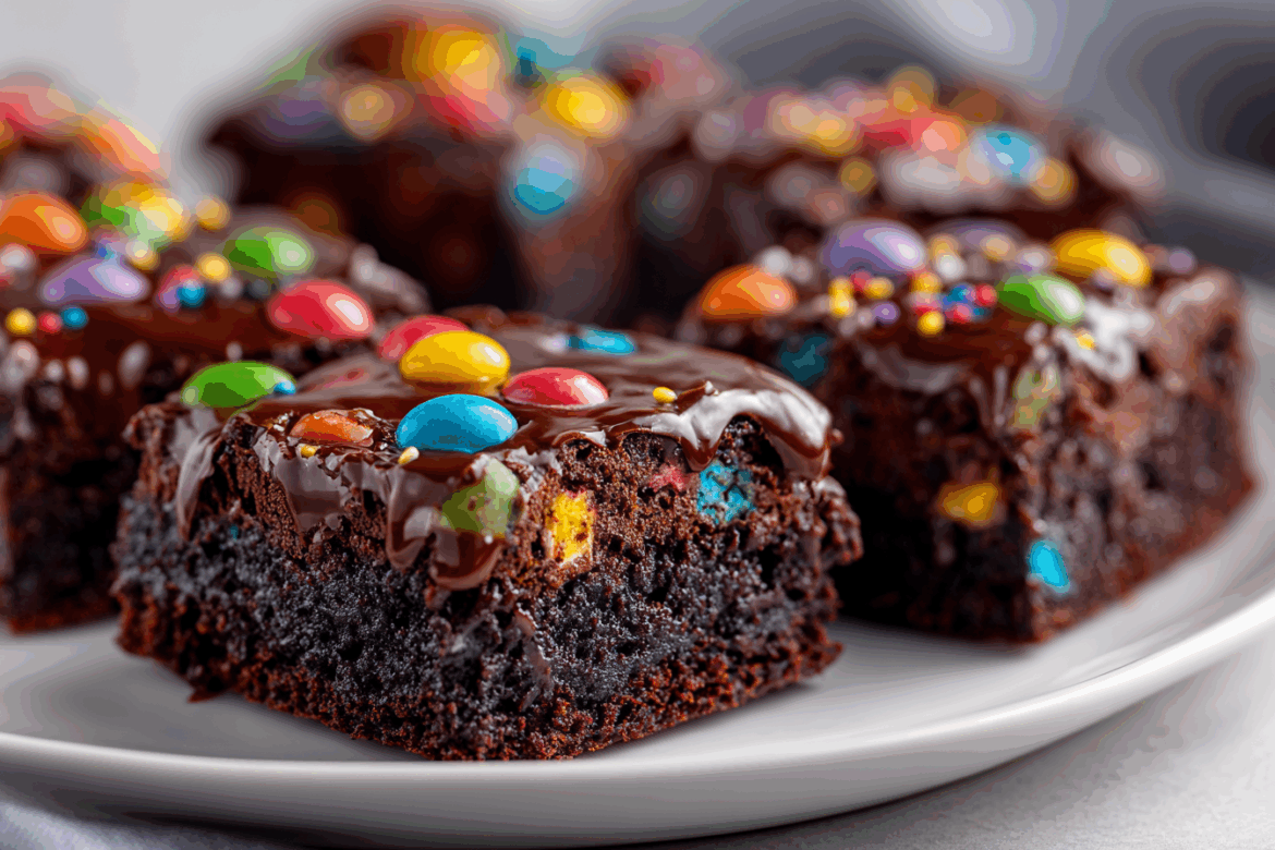 Close-up of homemade cosmic brownies with glossy ganache and rainbow chips, sliced to show fudgy, rich chocolate texture.
