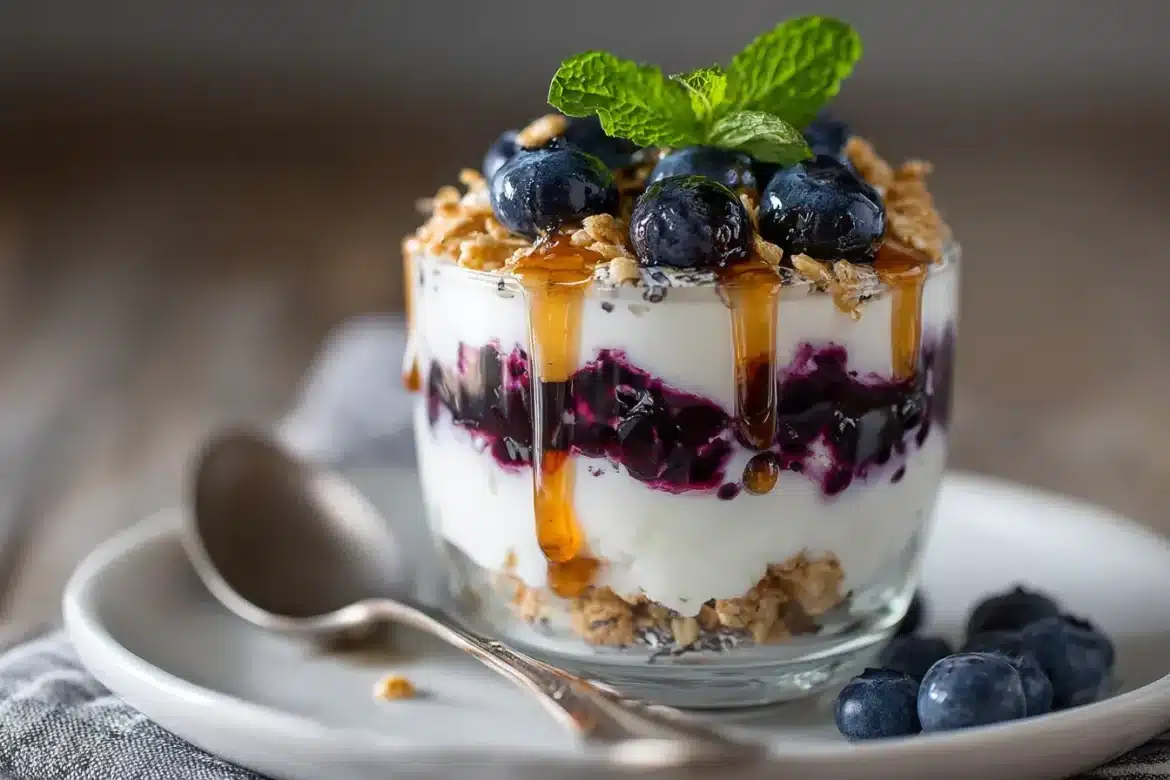 Close-up of a layered low histamine yogurt parfait with fresh blueberries, puffed rice, and mint in a clear glass.