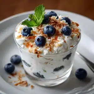 Low histamine parfait in a glass with a spoonful taken out, showing creamy layers and berries.