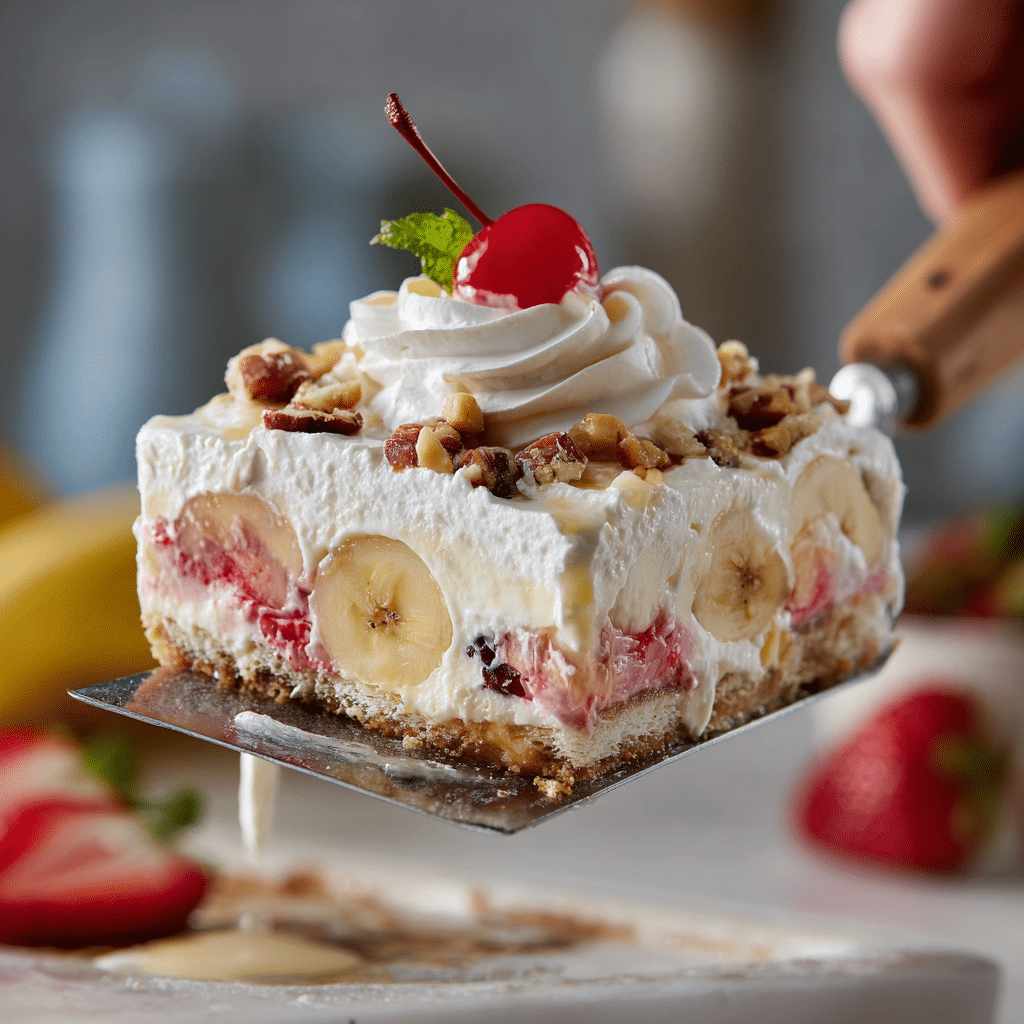 A slice of no bake banana split dessert being lifted from the pan, showing colorful layers.
