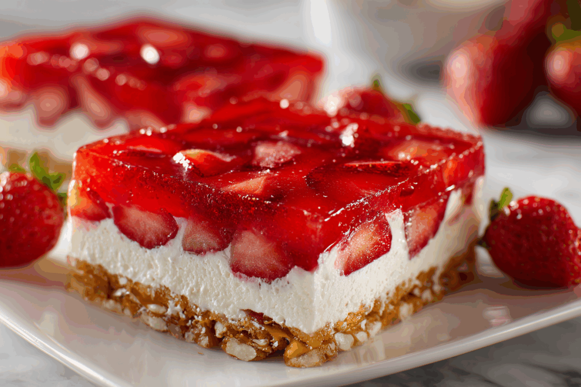 Close-up of no-bake strawberry pretzel bars showing glossy strawberry topping, creamy filling, and crunchy pretzel crust.