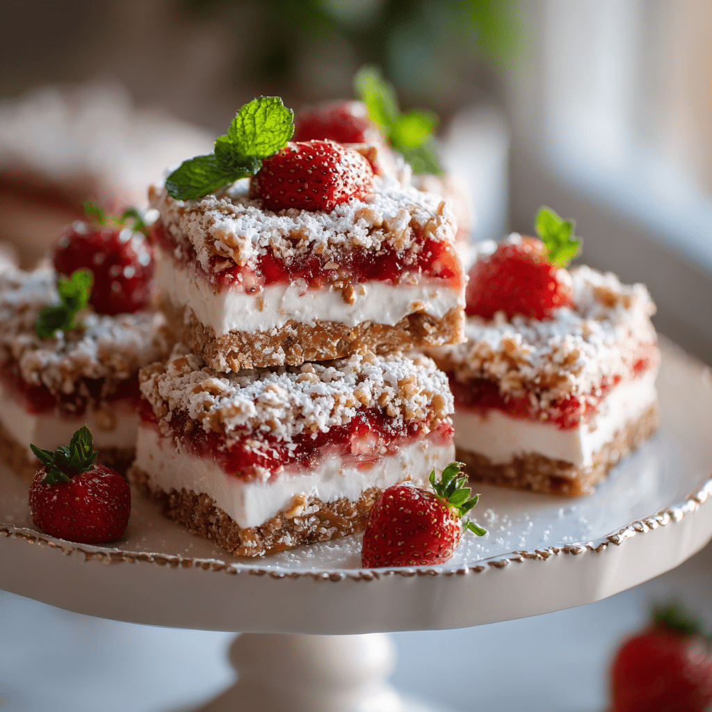 Stacked no-bake strawberry pretzel bars with extra strawberries and whipped cream on a platter.