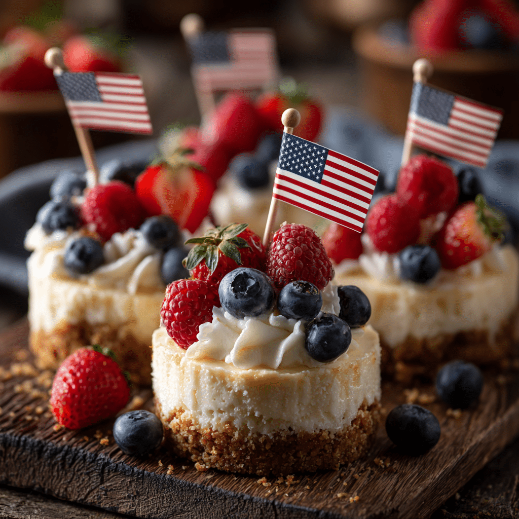 Mini cheesecakes with American flag picks, fresh berries, and creamy filling on a rustic table.