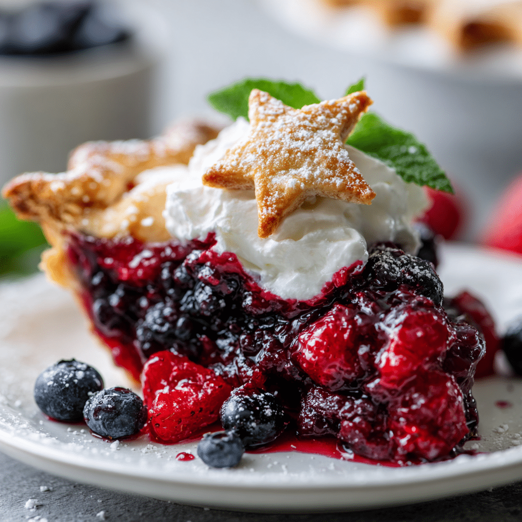 A slice of 4th of July berry pie being served with juicy filling and golden crust.