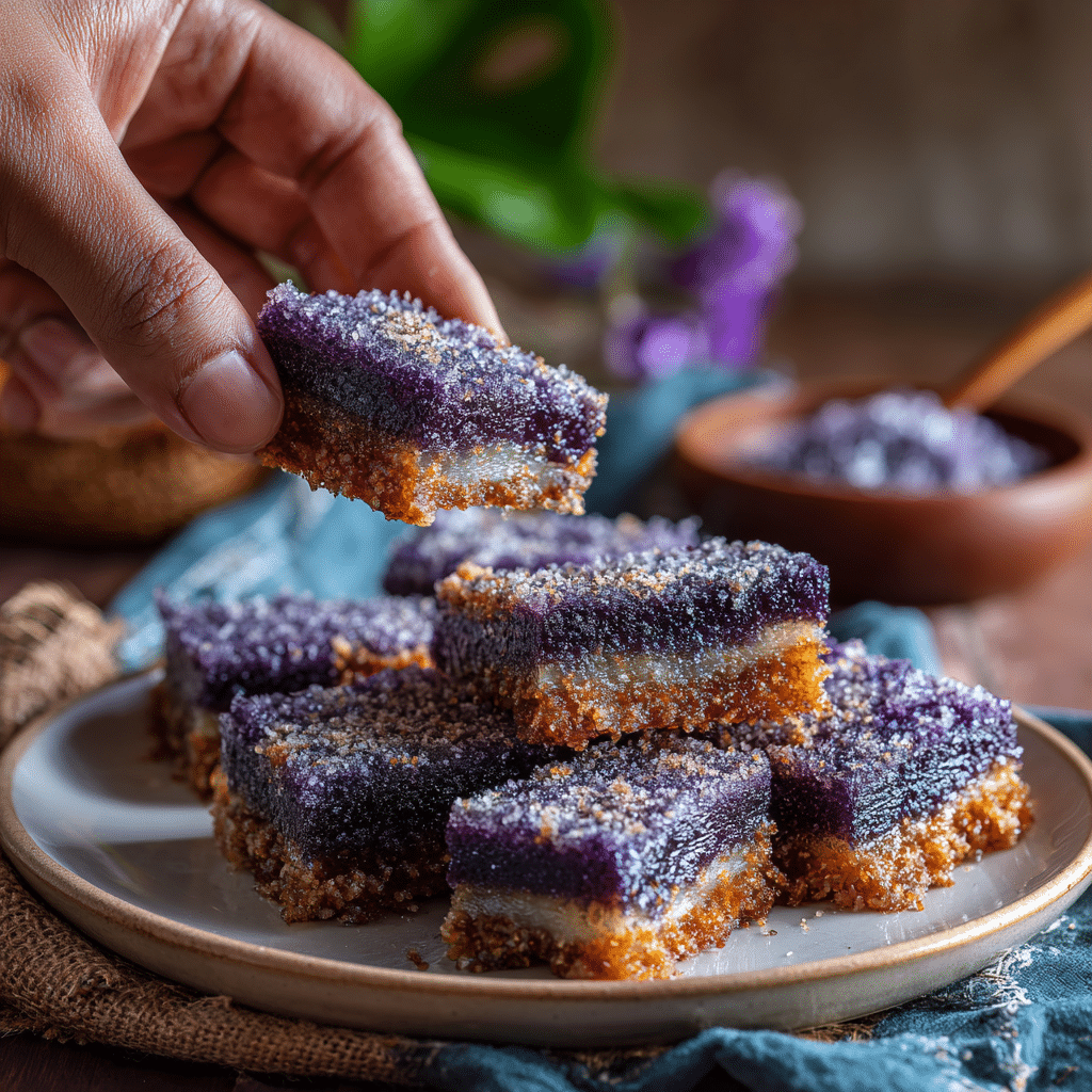 Stacked Filipino ube bars with sparkling sugar on a plate, vibrant purple color.