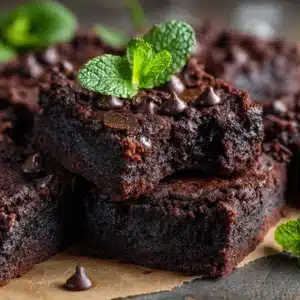 A tall stack of sugar free black bean brownies with shiny chocolate chips, highlighting their fudgy texture.