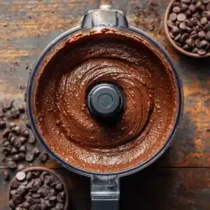 Blender bowl with smooth, rich chocolate brownie batter being prepared for baking.