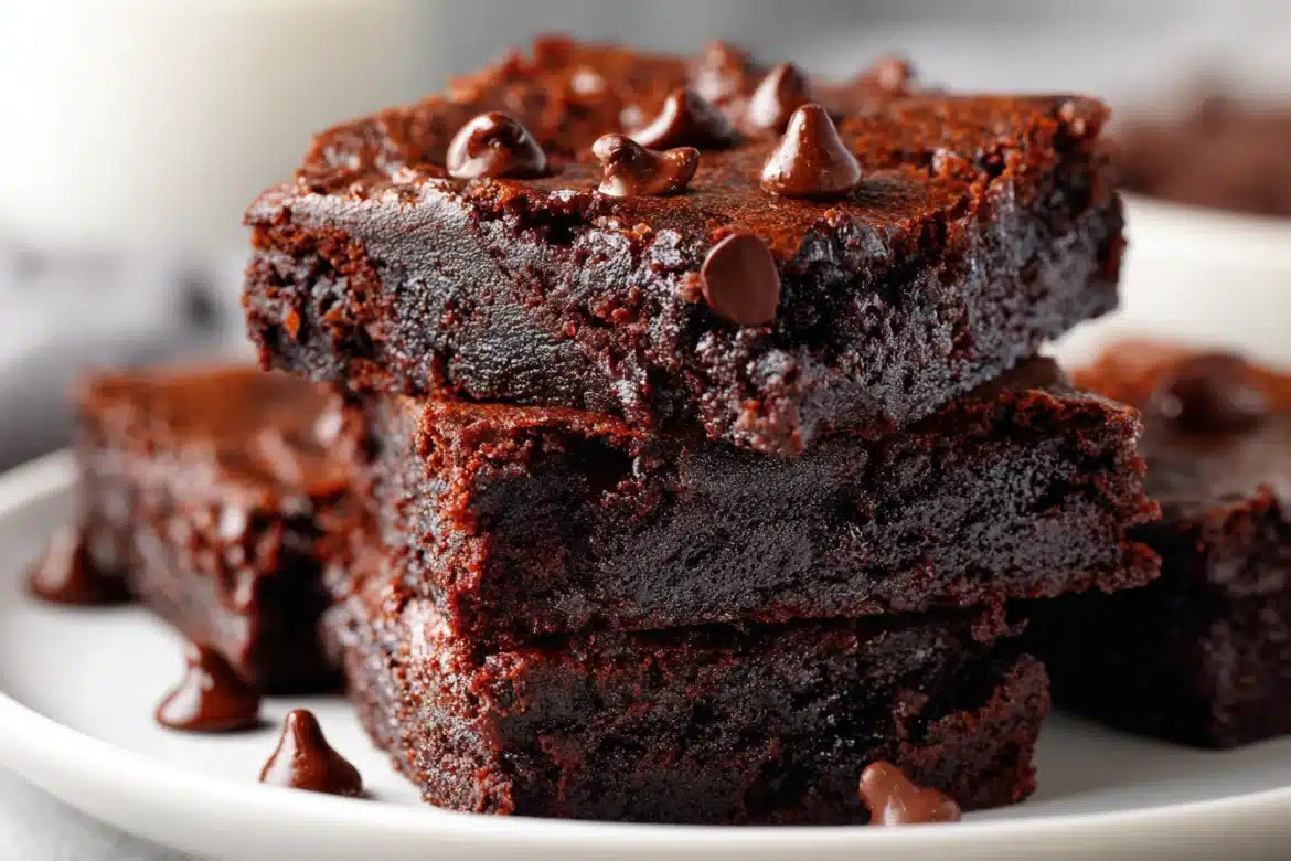 A close-up of fudgy sugar free black bean brownies with chocolate chips, cut open to reveal a moist and glossy chocolate interior on a white plate.