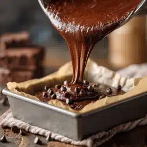 Chocolate brownie batter being poured into a pan with chocolate chips on top, ready for baking.