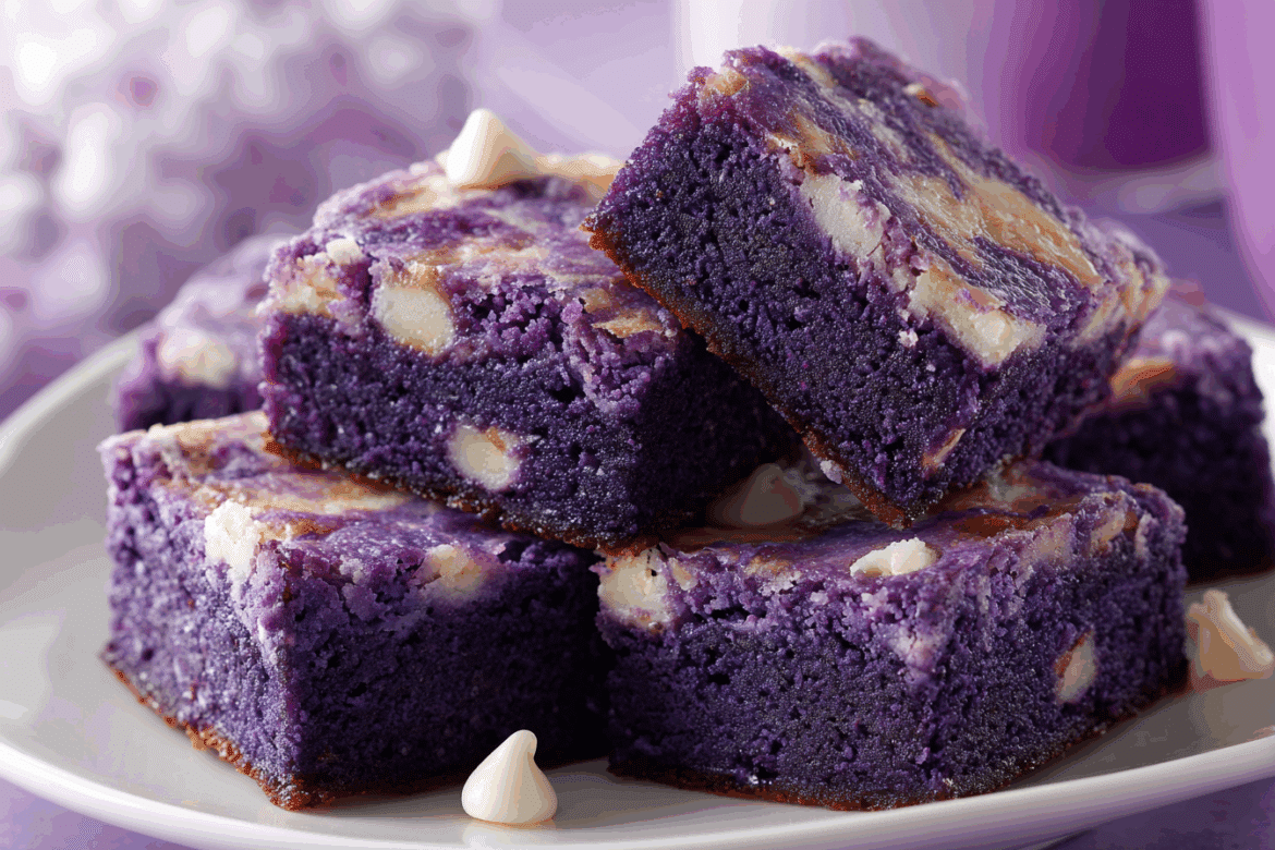 Fudgy ube brownies cut into squares with a shiny crackly top, vibrant purple color, and creamy texture on a white plate.
