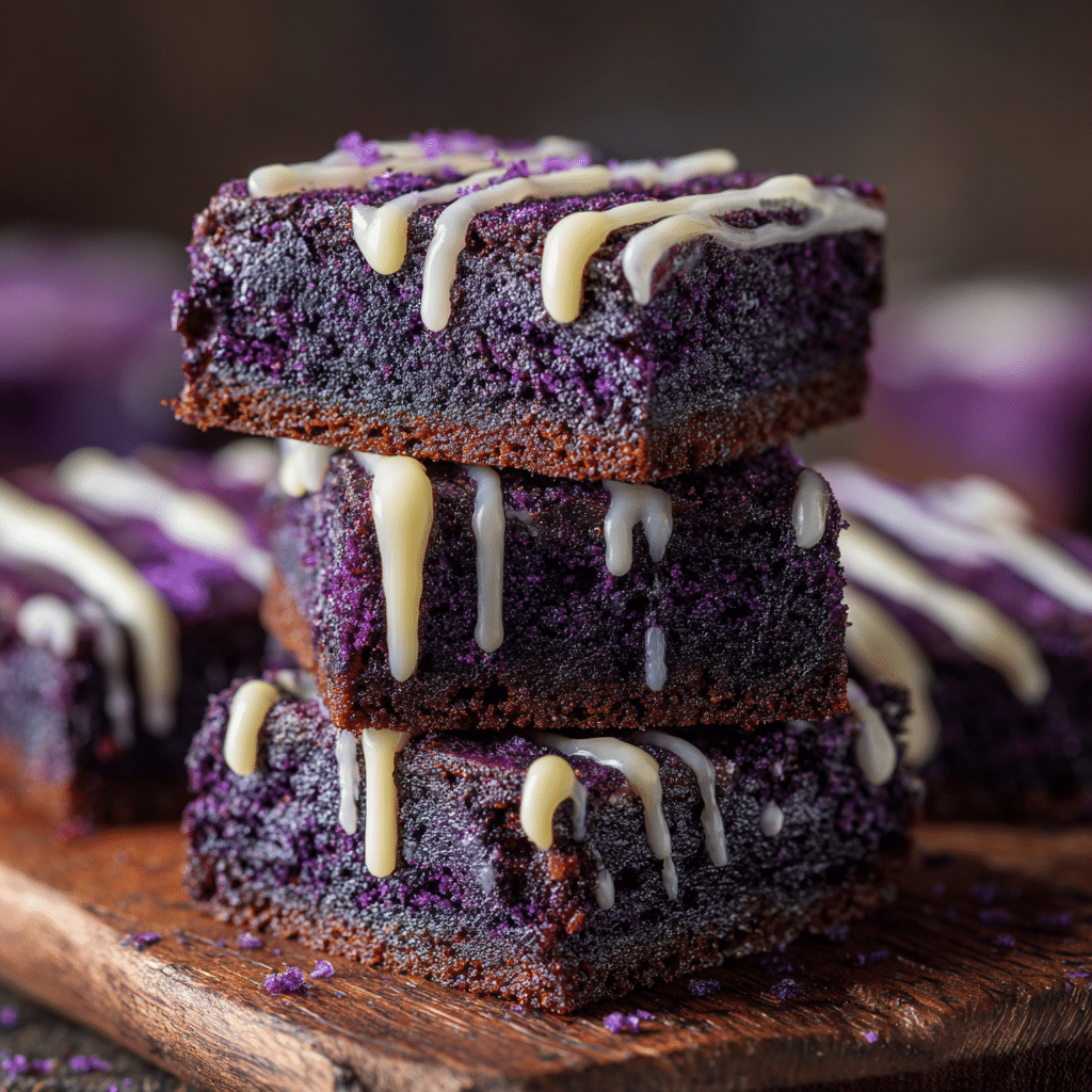 Stacked ube brownies drizzled with melted white chocolate, showing a shiny purple fudgy interior.