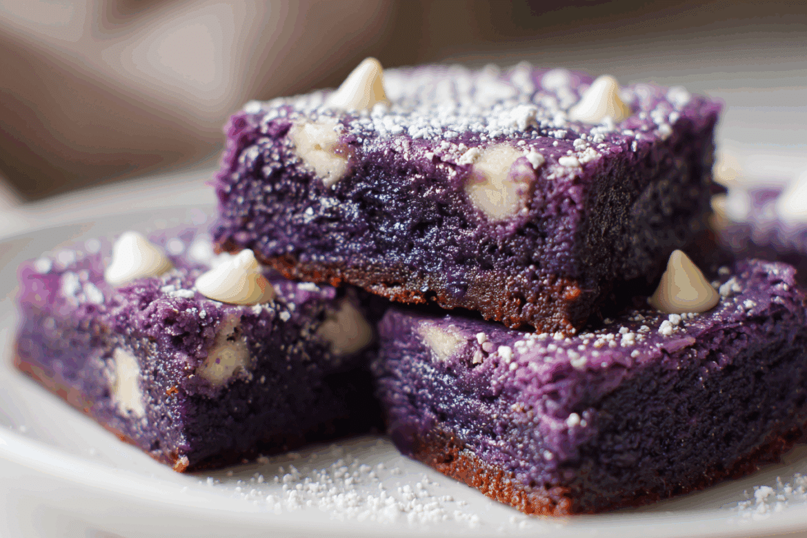 Close-up of gooey ube mochi brownies cut open to reveal their vibrant purple, chewy mochi interior with a glossy top.