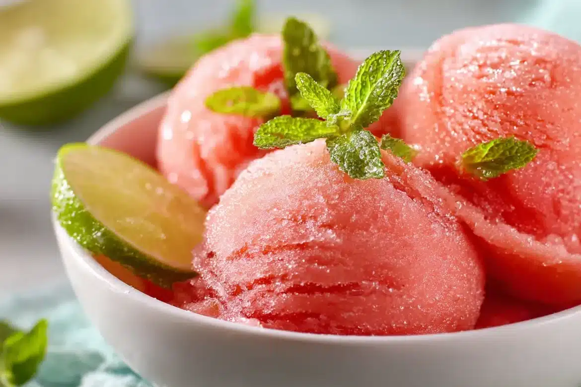 A close-up of creamy watermelon sorbet scoops in a white bowl, garnished with mint and lime, with a fresh and icy texture.