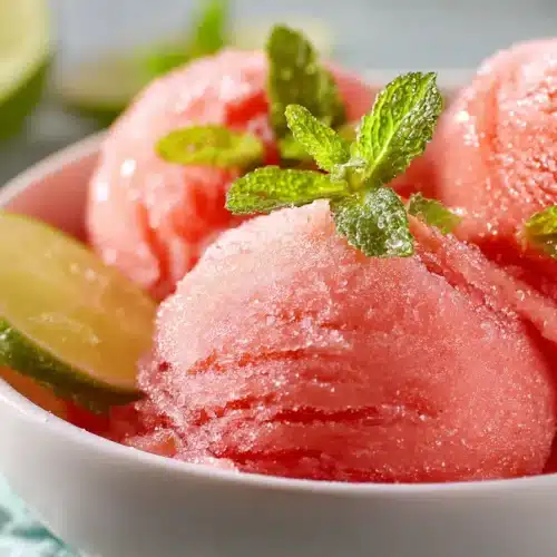 A close-up of creamy watermelon sorbet scoops in a white bowl, garnished with mint and lime, with a fresh and icy texture.