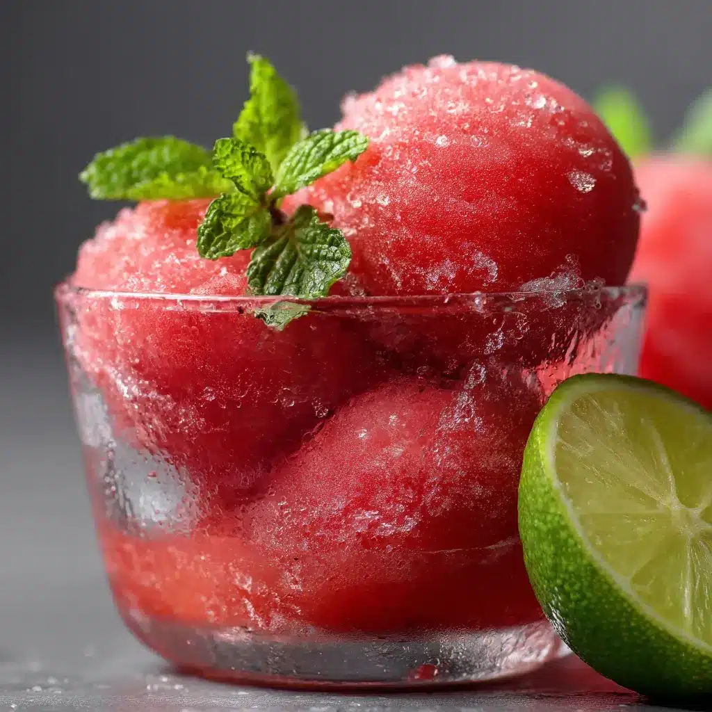 Watermelon sorbet scoops in a glass, garnished with lime and mint, looking cold and fresh.