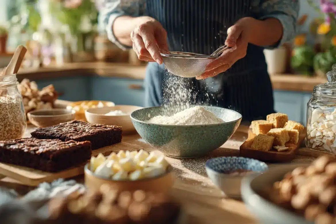 A friendly baker prepares desserts with almond, coconut, and oat flours in a bright kitchen, showing how easy and fun alternative baking can be.