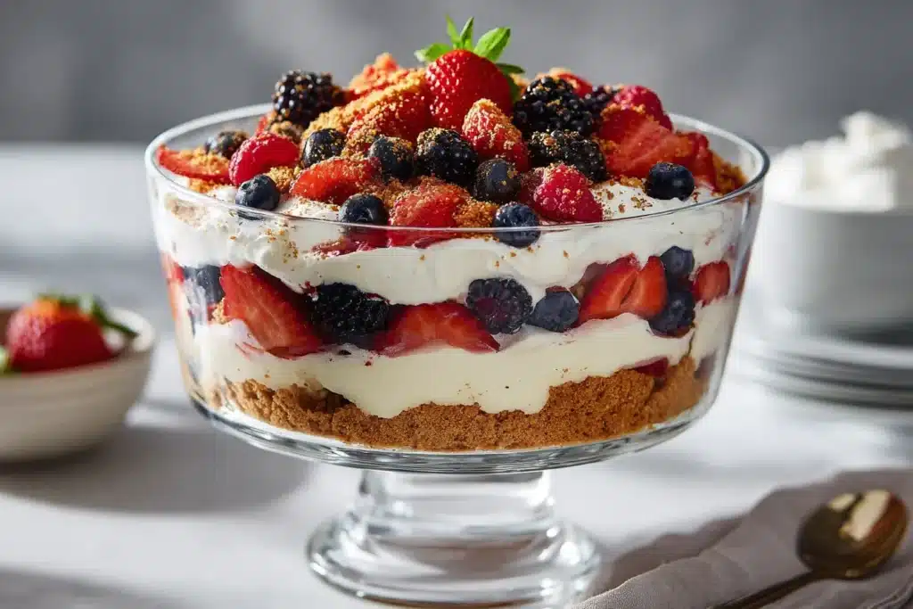 A stunning no-bake dessert with perfect layers of crust, cream, fruit, and whipped topping in a glass dish.
