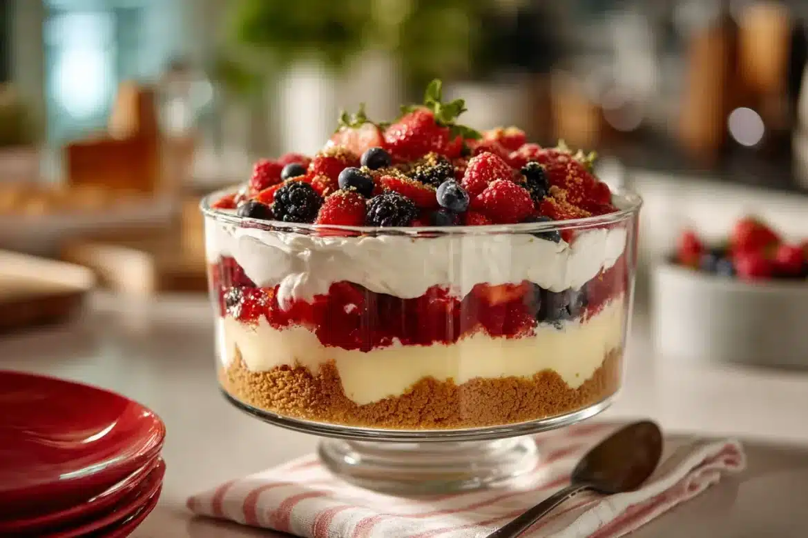 A stunning no-bake dessert with perfect layers of crust, cream, fruit, and whipped topping in a glass dish1