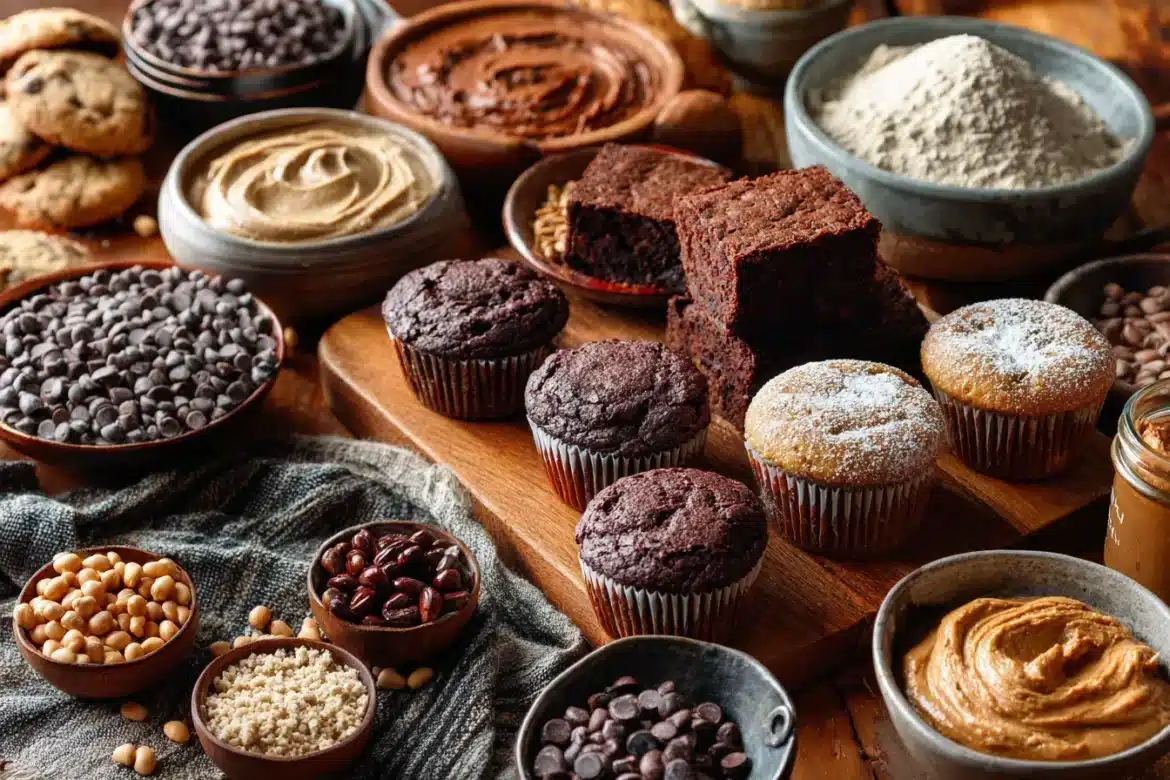 Protein-packed brownies, muffins, and cookies with ingredients like Greek yogurt and nut butter, showing how to add protein to baked goods.