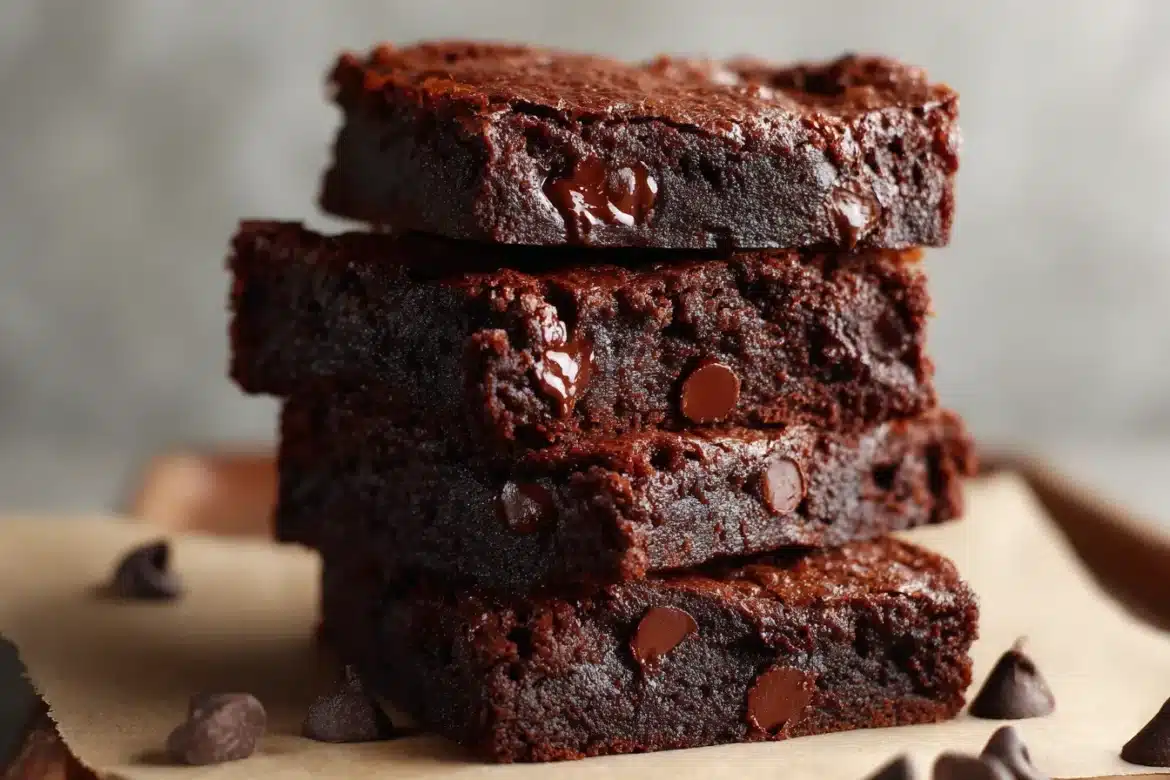 Rich, fudgy vegan brownies stacked on parchment—learn how to make vegan brownies at home!