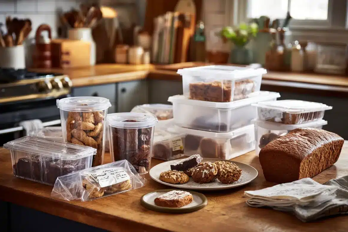 Assorted cookies, brownies, and muffins stored in containers and freezer bags—your guide to how to store and freeze baked goods
