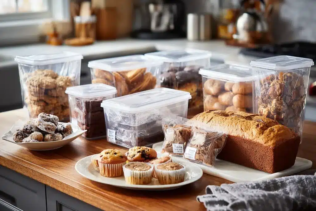 Assorted cookies, brownies, and muffins stored in containers and freezer bags—your guide to how to store and freeze baked goods1