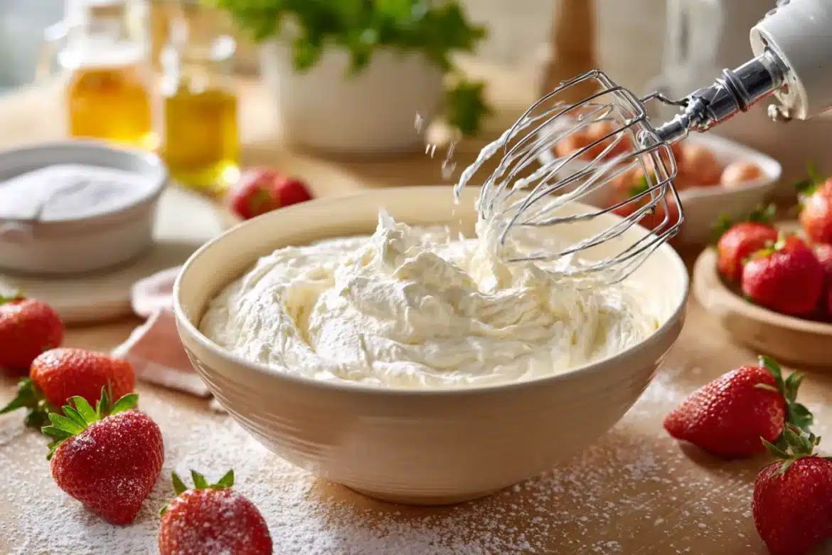 A bowl of heavy cream turning into whipped cream with a hand mixer, ideal for topping your favorite desserts.