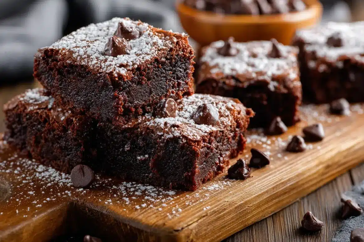 Moist Fudgy Brownies on a Wooden Board