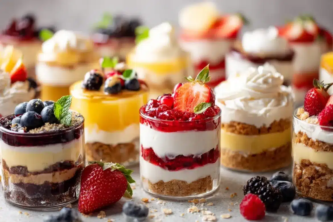 A vibrant selection of no-bake desserts, including parfaits and bars, topped with fresh fruit and whipped cream.