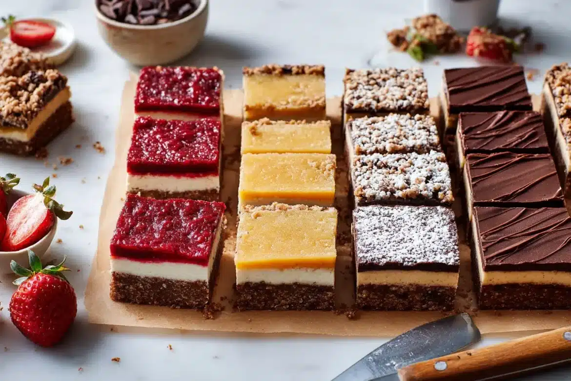A tray of beautifully assembled dessert bars with clean layers, sliced and ready to serve.