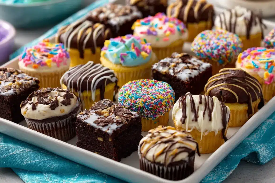 A cheerful selection of desserts decorated with sprinkles, drizzles, and swirls—perfect for mastering the basics of decorating2