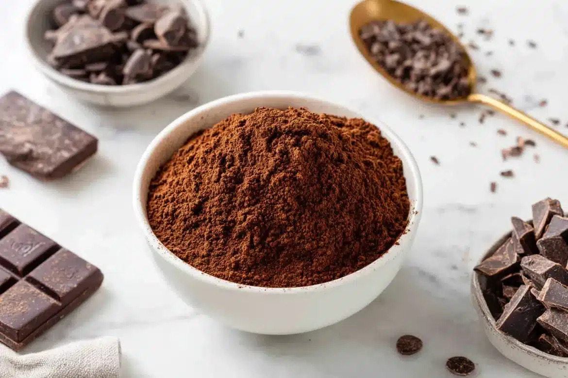 Cocoa powder and chocolate pieces side by side—learn the difference for baking!