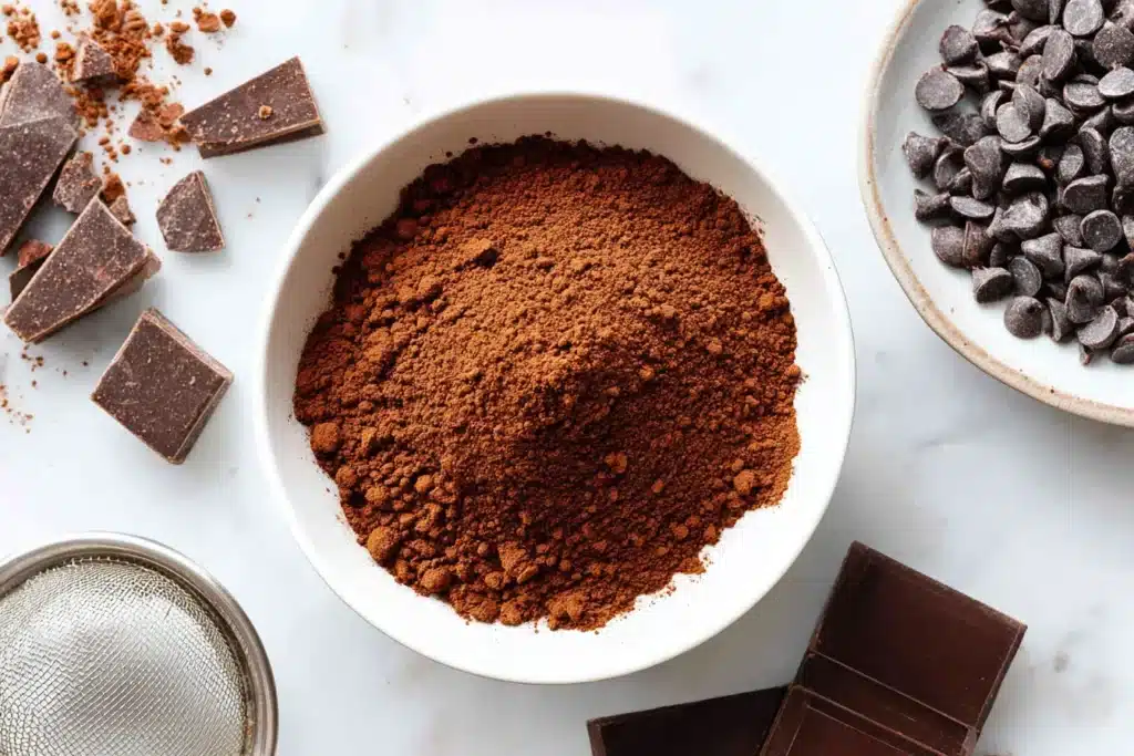 A rustic kitchen table featuring a bowl of deep brown cocoa powder, a stack of chopped chocolate bars, and a handful of chocolate chips, all surrounded by baking tools, perfectly showing the difference between cocoa powder and chocolate1