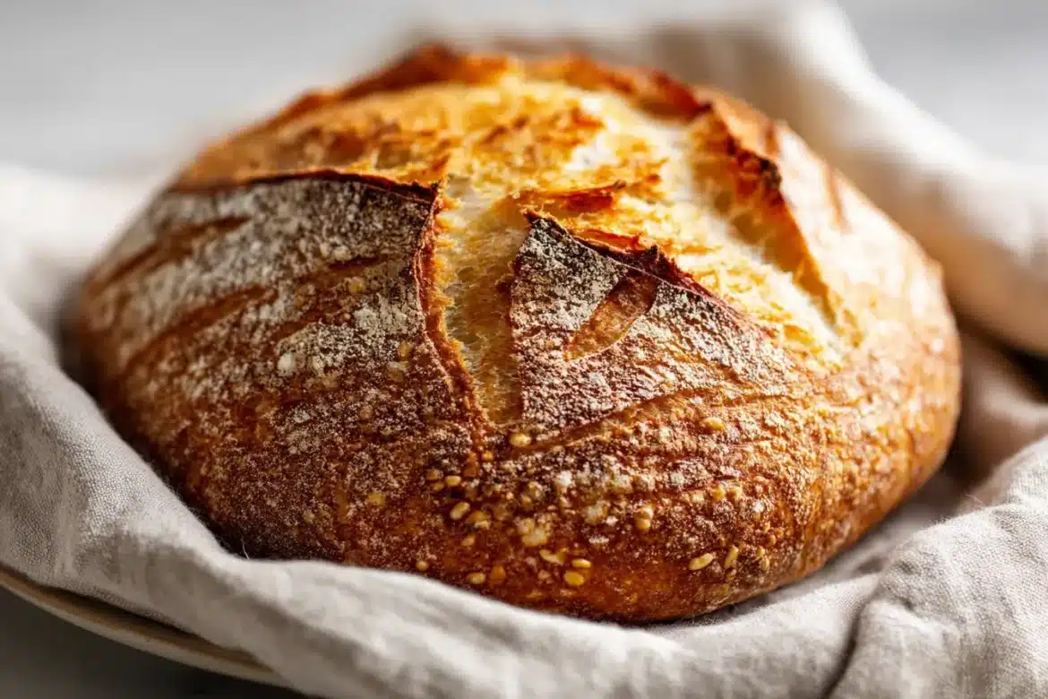 Close-up of Acme Bread Copycat with a golden crust and airy interior on a rustic plate.