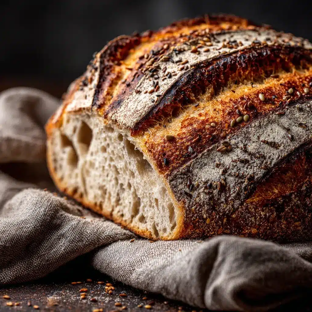 Crusty Acme Bread Copycat loaf with seeds, sliced to show airy inside.