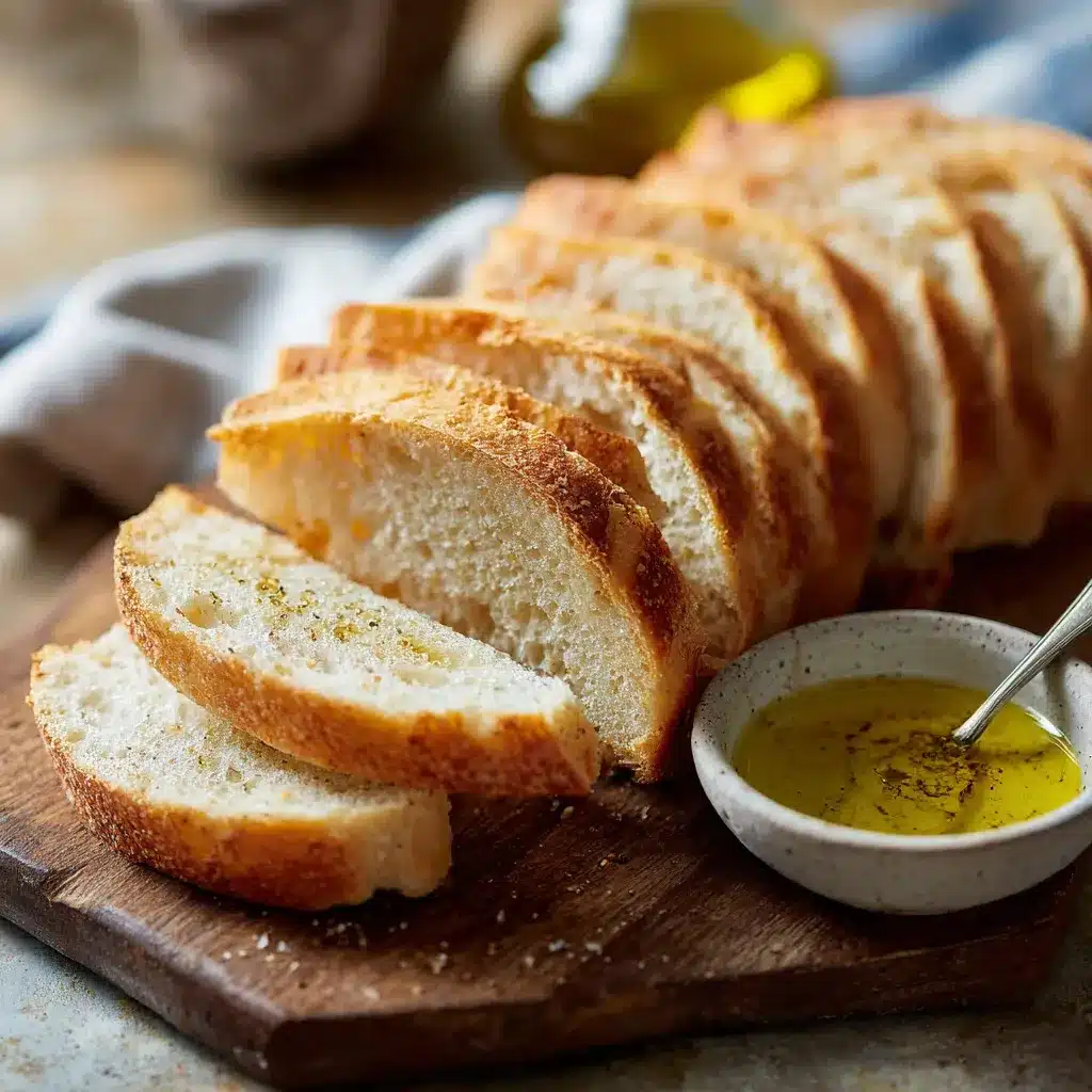 Slices of Acme Bread Copycat arranged on a board with olive oil.