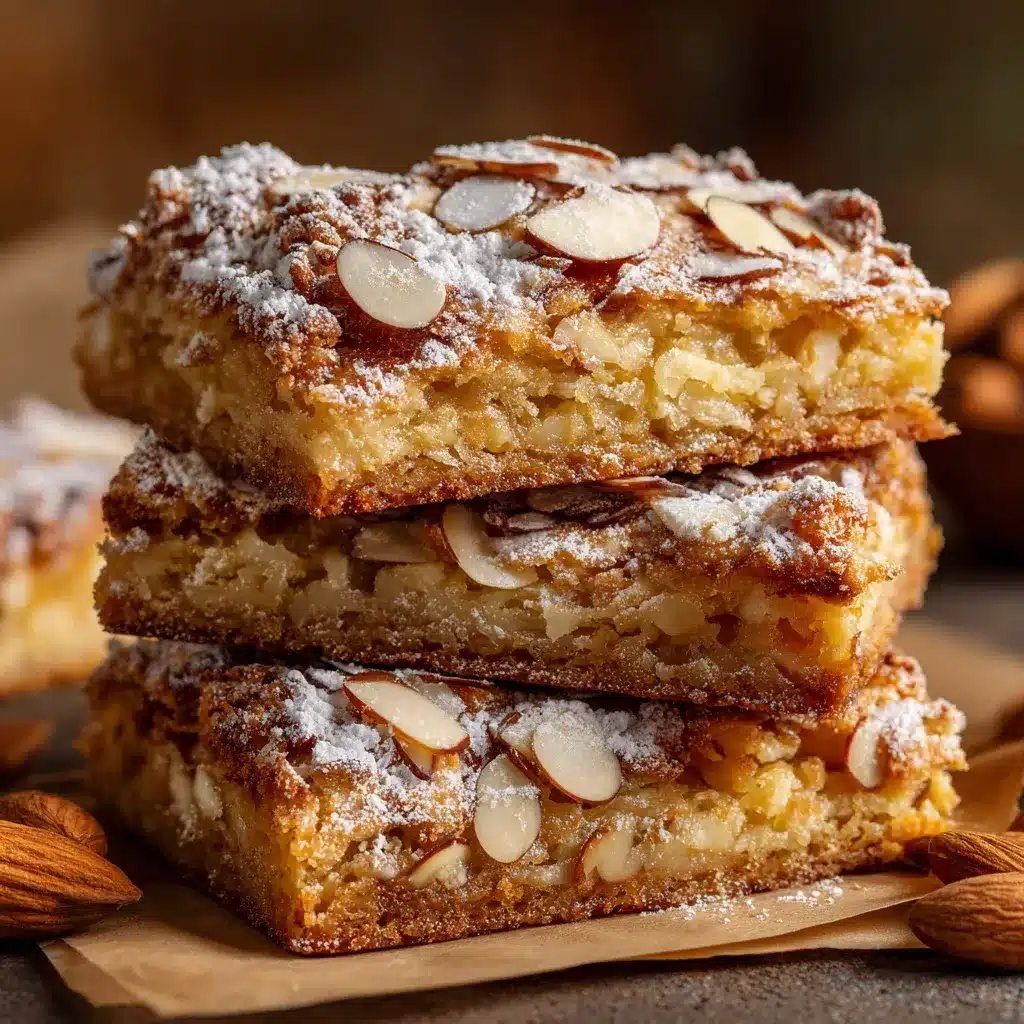 Sliced almond croissant cookie bars with powdered sugar, served on a wooden board with berries.