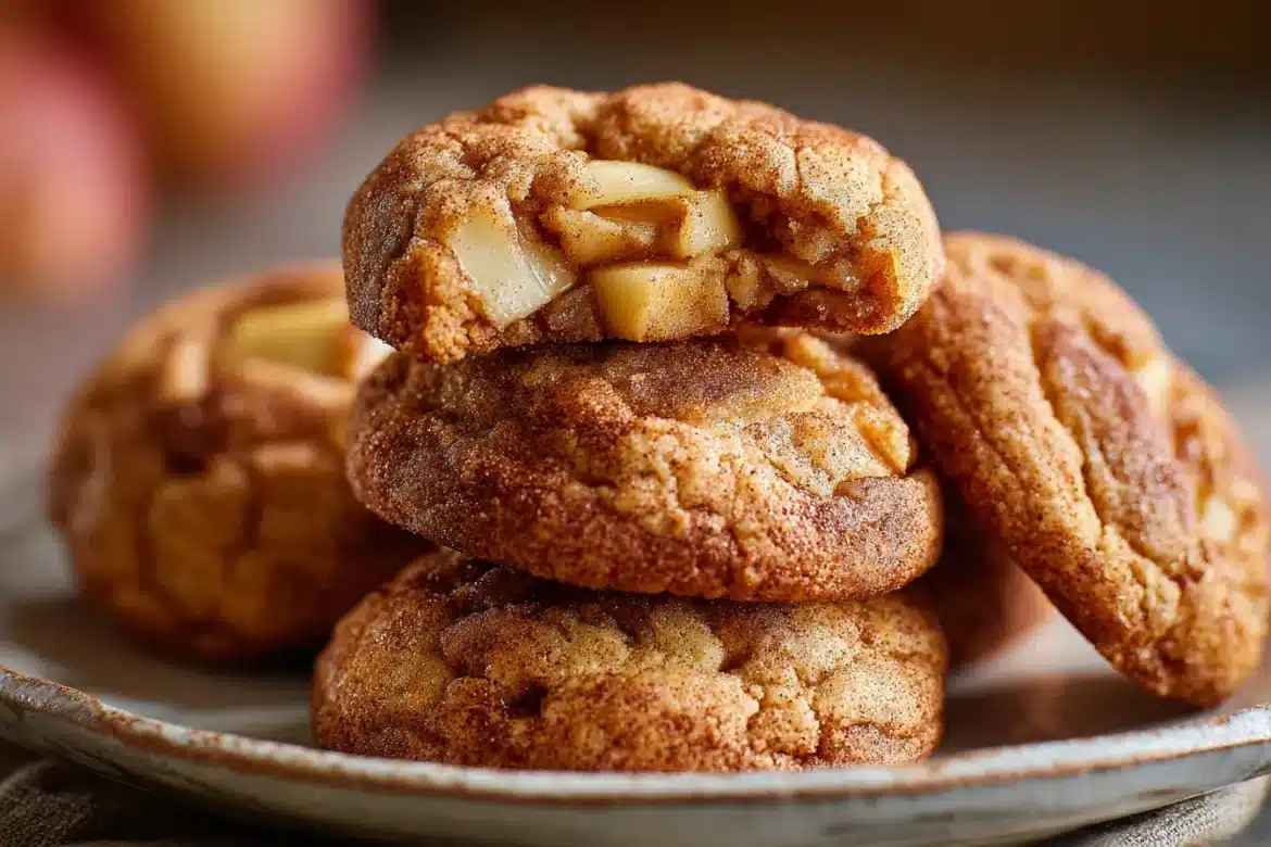 Close-up of gooey apple pie snickerdoodle cookies stacked on a white plate, with cinnamon sugar crust and visible apple chunks.