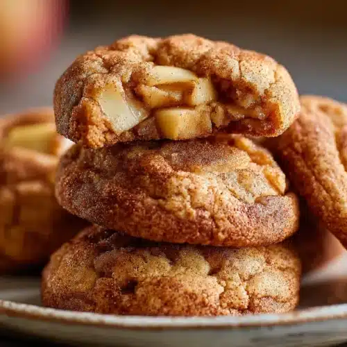 Close-up of gooey apple pie snickerdoodle cookies stacked on a white plate, with cinnamon sugar crust and visible apple chunks.