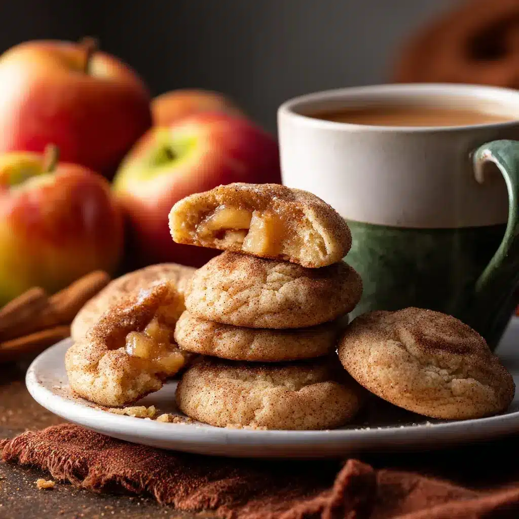 Apple pie snickerdoodle cookies on a platter with hot cider in the background.